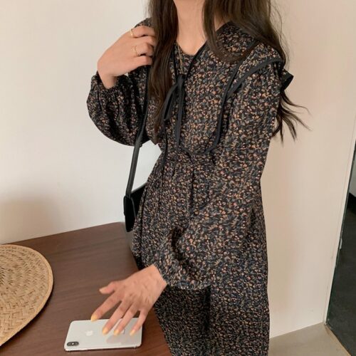 Autumn O-Neck Long Sleeves Chiffon Floral Print Midi Dress - Image 4