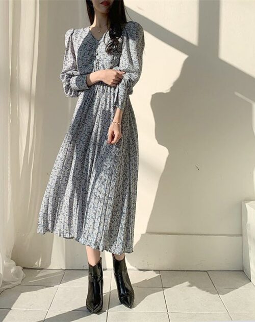 V-Neck Long Sleeves Floral Print Pleated Midi Dress
