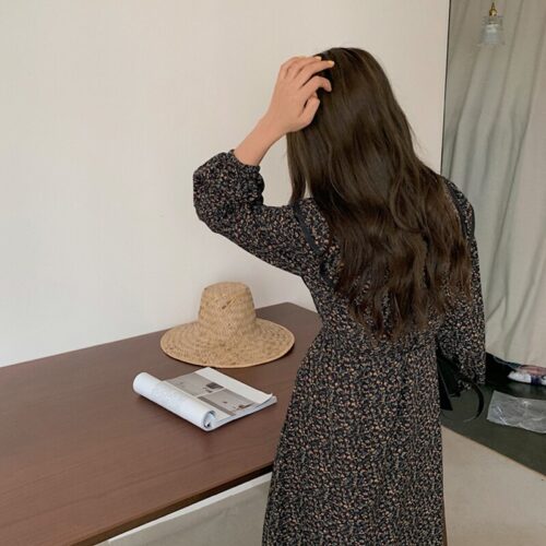 Autumn O-Neck Long Sleeves Chiffon Floral Print Midi Dress - Image 3