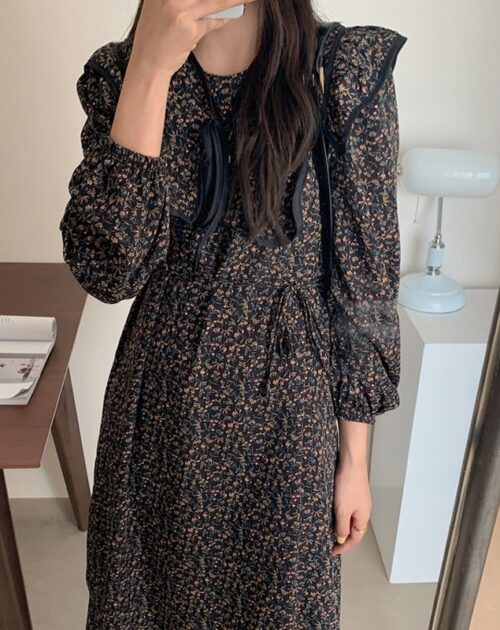 O-Neck Long Sleeves Chiffon Floral Print Midi Dress
