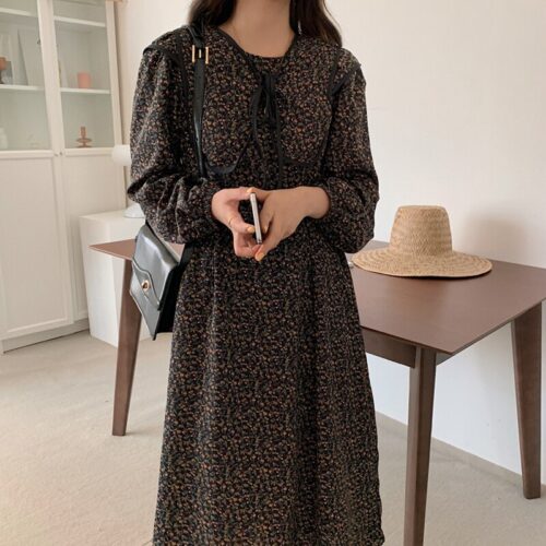 Autumn O-Neck Long Sleeves Chiffon Floral Print Midi Dress - Image 6