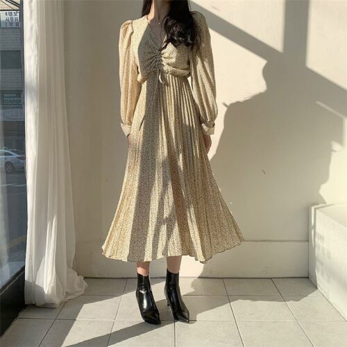 Spring / Autumn V-Neck Long Sleeves Floral Print Pleated Midi Dress - Image 5