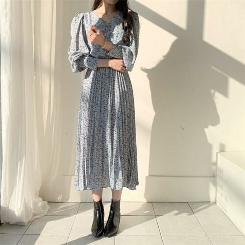 Spring / Autumn V-Neck Long Sleeves Floral Print Pleated Midi Dress - Image 7