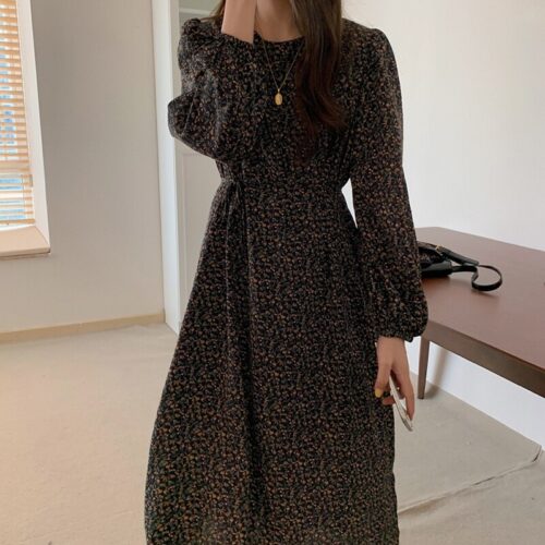 Autumn O-Neck Long Sleeves Chiffon Floral Print Midi Dress - Image 5