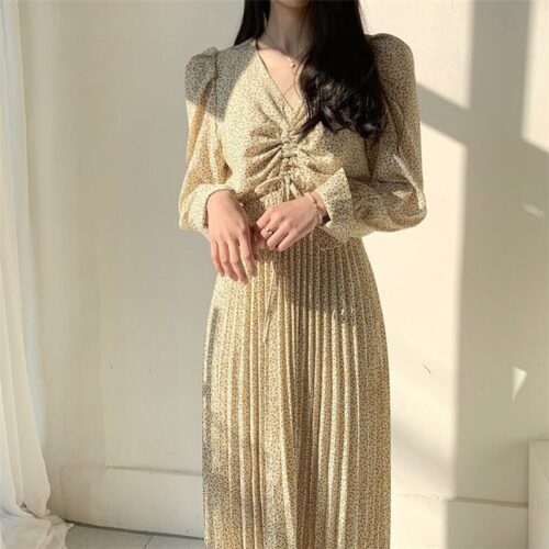 Spring / Autumn V-Neck Long Sleeves Floral Print Pleated Midi Dress - Image 3