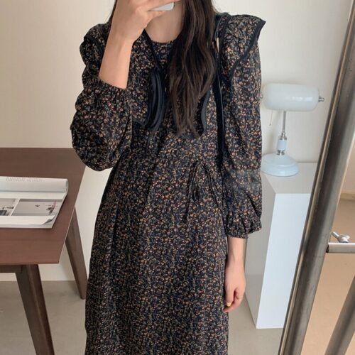 Autumn O-Neck Long Sleeves Chiffon Floral Print Midi Dress - Image 7