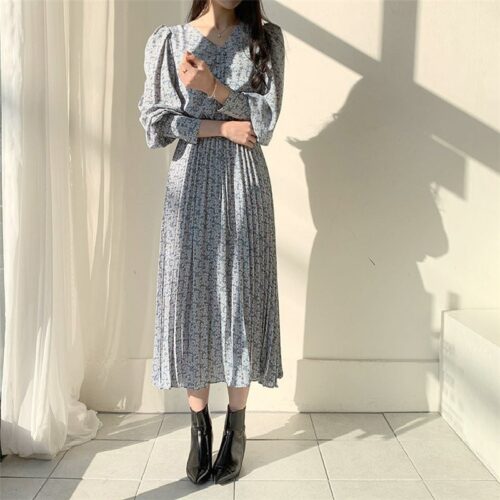 Spring / Autumn V-Neck Long Sleeves Floral Print Pleated Midi Dress - Image 2