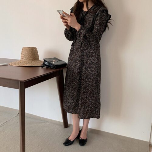 Autumn O-Neck Long Sleeves Chiffon Floral Print Midi Dress - Image 2