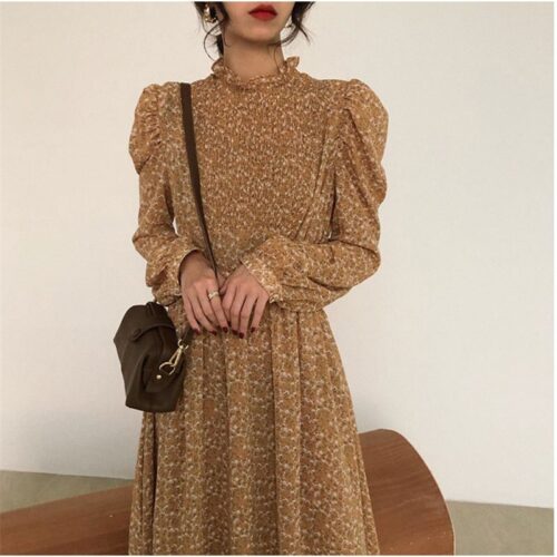 Autumn Stand Collar Long Sleeves Waist-Controlled Floral Print Maxi Dress - Image 4