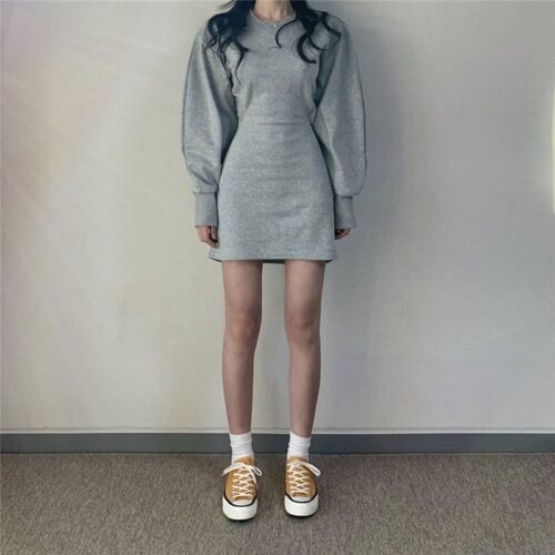 Autumn O-Neck Long Sleeves Solid Backless Minimalist Mini Dress - Image 5