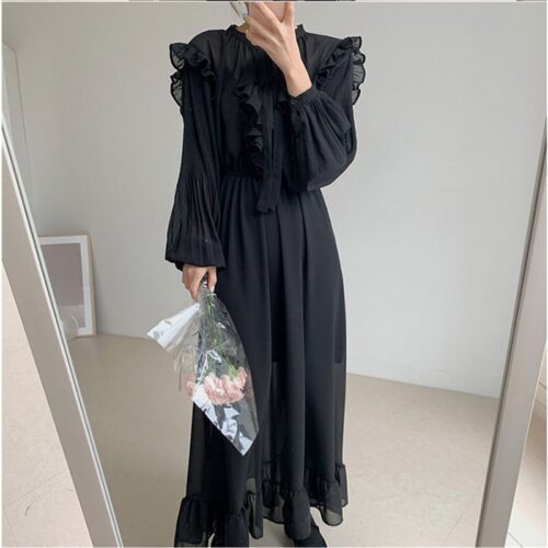 Autumn O-Neck Long Sleeves Chiffon Ruffles Maxi Dress - Image 3