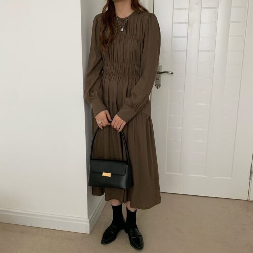 O-Neck Long Sleeves Minimalist Solid Midi Dress