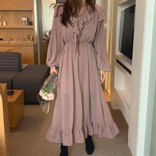Autumn O-Neck Long Sleeves Chiffon Ruffles Maxi Dress - Image 5