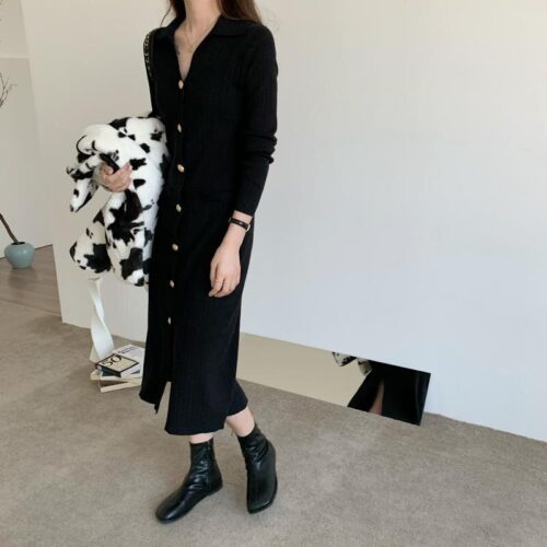 Autumn Turn-Down Collar Soft Slim Solid Long Knitted Dress - Image 2