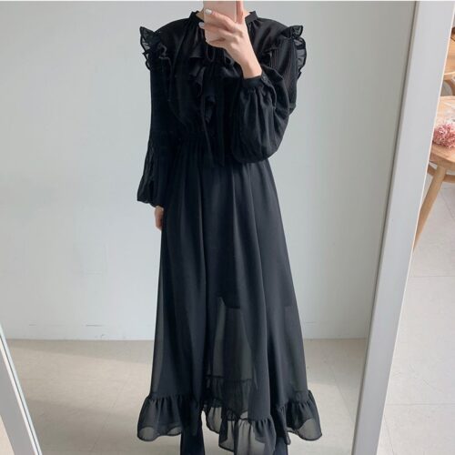 Autumn O-Neck Long Sleeves Chiffon Ruffles Maxi Dress