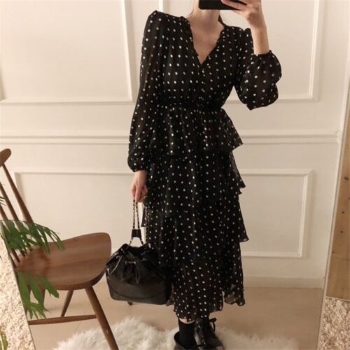 Autumn V-Neck Long Sleeves Satin Polka Dots Multi-Layers Midi Dress - Image 5