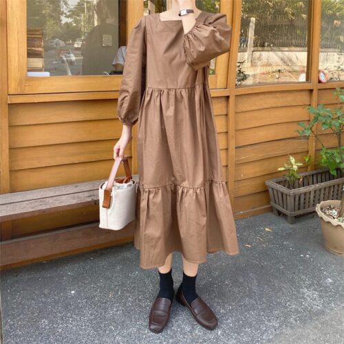 Spring / Autumn Square Collar Long Lantern Sleeves Loose Solid Midi Dress - Image 5