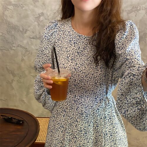 Autumn O-Neck Lantern Long Sleeves Floral Print Midi Dress - Image 6