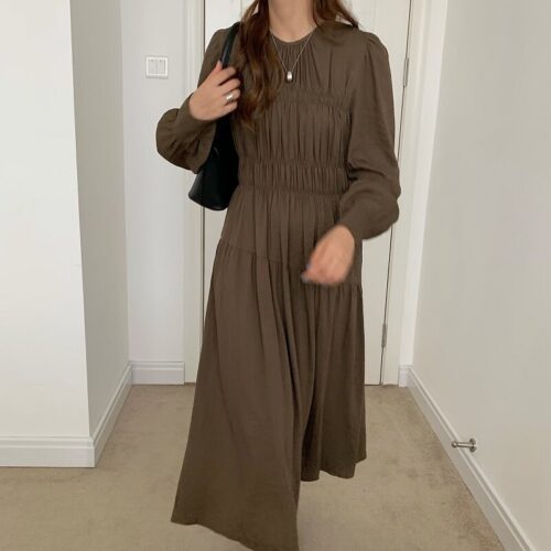 Autumn Korean O-Neck Long Sleeves Minimalist Solid Midi Dress - Image 4
