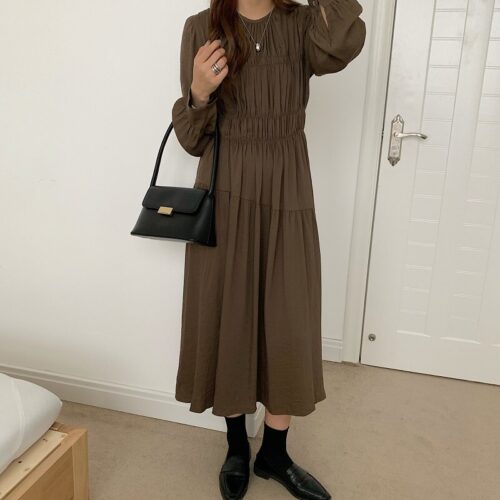 Autumn Korean O-Neck Long Sleeves Minimalist Solid Midi Dress - Image 3