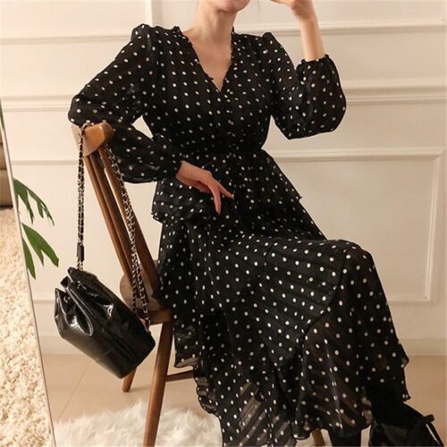 Autumn V-Neck Long Sleeves Satin Polka Dots Multi-Layers Midi Dress - Image 4