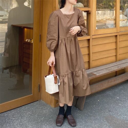 Square Collar Long Lantern Sleeves Loose Solid Midi Dress