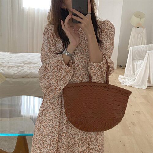 Autumn O-Neck Lantern Long Sleeves Floral Print Midi Dress - Image 8