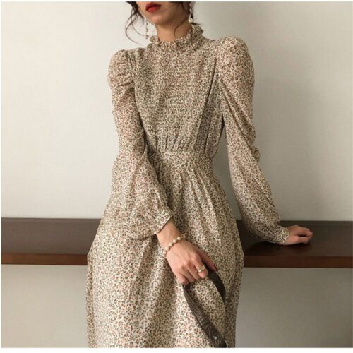 Autumn Stand Collar Long Sleeves Waist-Controlled Floral Print Maxi Dress - Image 6