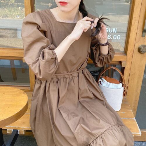 Spring / Autumn Square Collar Long Lantern Sleeves Loose Solid Midi Dress - Image 6