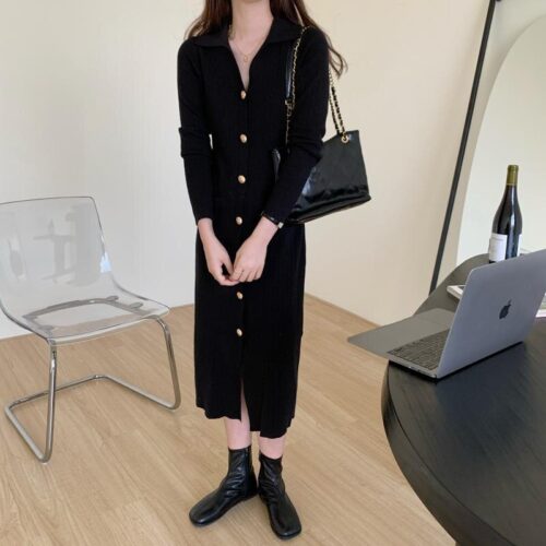 Autumn Turn-Down Collar Soft Slim Solid Long Knitted Dress - Image 5