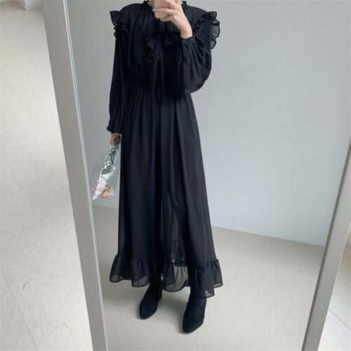 Autumn O-Neck Long Sleeves Chiffon Ruffles Maxi Dress - Image 2