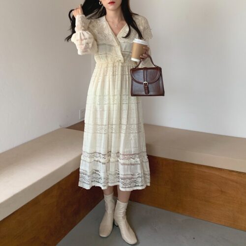 Spring V-Neck Long Sleeves Long Lace Midi Dress - Image 7