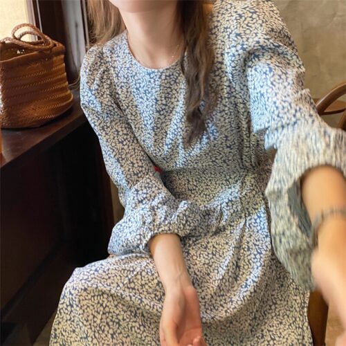 Autumn O-Neck Lantern Long Sleeves Floral Print Midi Dress - Image 5
