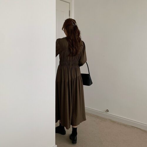 Autumn Korean O-Neck Long Sleeves Minimalist Solid Midi Dress - Image 2
