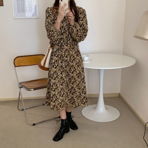 Autumn Square Collar Lantern Sleeves Floral Print Midi Dress - Image 7