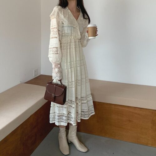 Spring V-Neck Long Sleeves Long Lace Midi Dress - Image 2