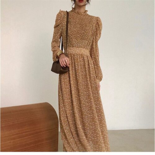 Autumn Stand Collar Long Sleeves Waist-Controlled Floral Print Maxi Dress - Image 3