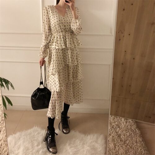 Autumn V-Neck Long Sleeves Satin Polka Dots Multi-Layers Midi Dress - Image 6