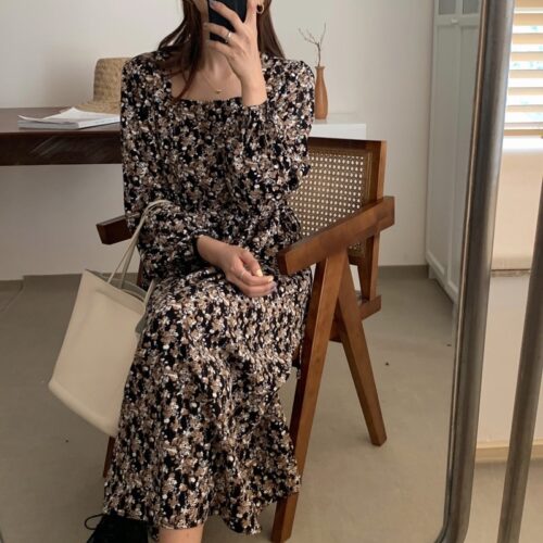 Square Collar Lantern Sleeves Floral Print Midi Dress