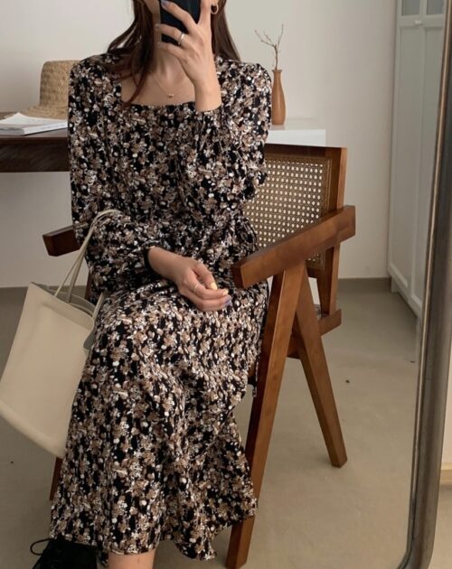 Square Collar Lantern Sleeves Floral Print Midi Dress