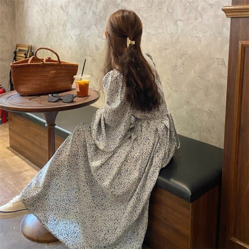 Autumn O-Neck Lantern Long Sleeves Floral Print Midi Dress - Image 2