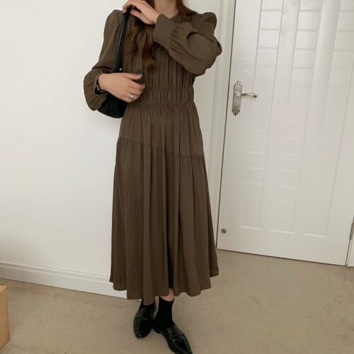 Autumn Korean O-Neck Long Sleeves Minimalist Solid Midi Dress - Image 8