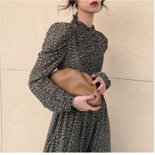 Autumn Stand Collar Long Sleeves Waist-Controlled Floral Print Maxi Dress - Image 5