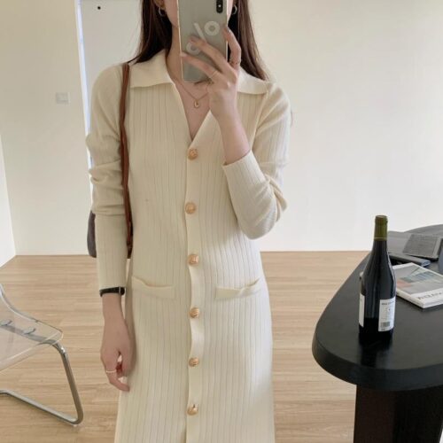 Autumn Turn-Down Collar Soft Slim Solid Long Knitted Dress
