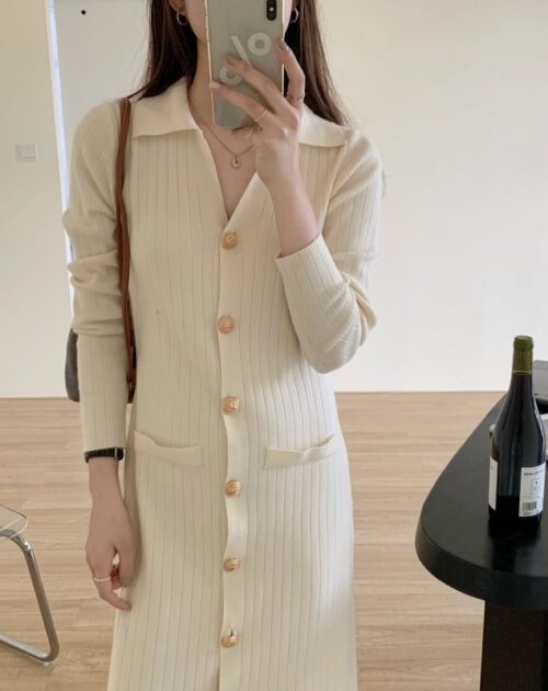 Autumn Turn-Down Collar Soft Slim Solid Long Knitted Dress