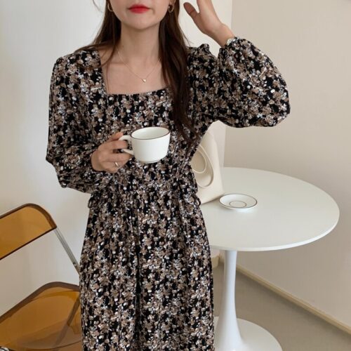 Autumn Square Collar Lantern Sleeves Floral Print Midi Dress - Image 4