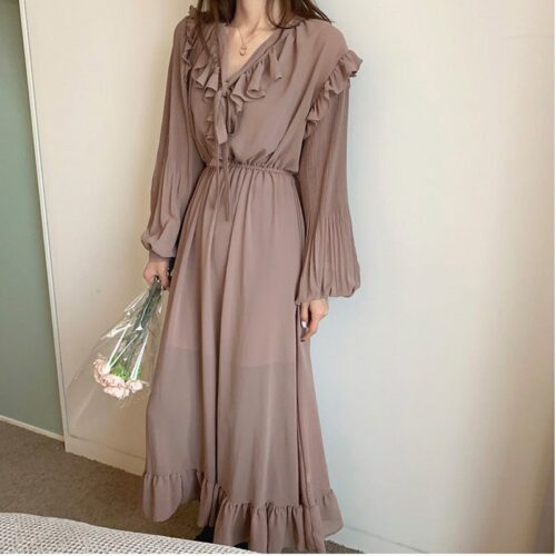 Autumn O-Neck Long Sleeves Chiffon Ruffles Maxi Dress - Image 6