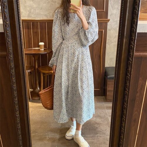 O-Neck Lantern Long Sleeves Floral Print Midi Dress