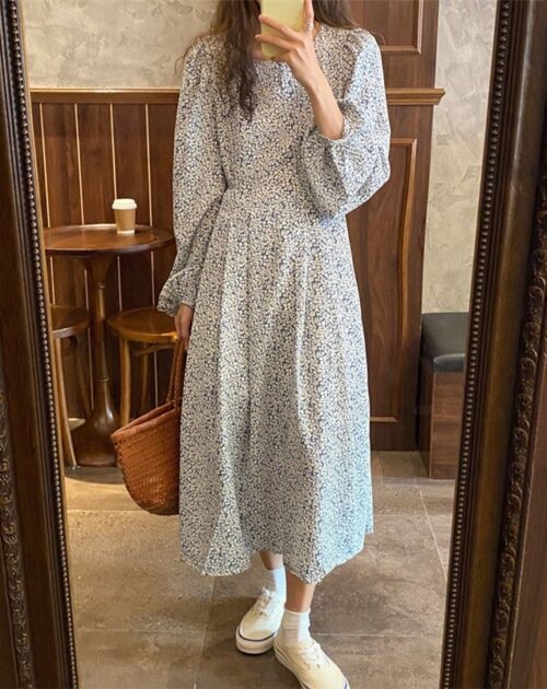 O-Neck Lantern Long Sleeves Floral Print Midi Dress