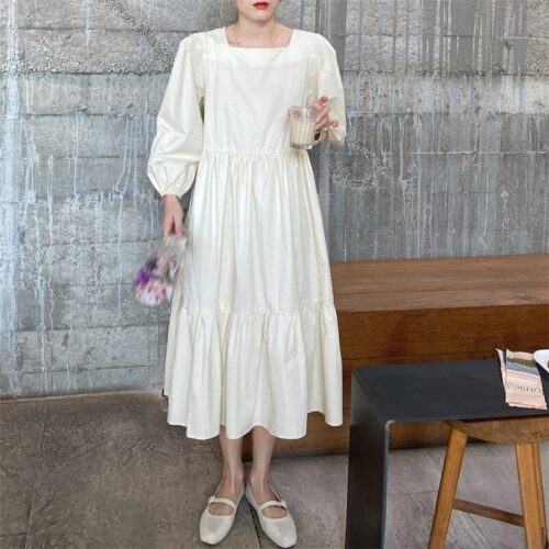 Spring / Autumn Square Collar Long Lantern Sleeves Loose Solid Midi Dress - Image 7
